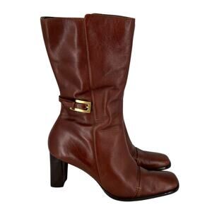 Anne Klein Mid Calf Leather Boots High Heel Brown Modern Classic Size 8M Luxury